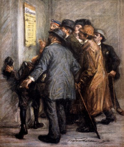 Première Guerre mondiale (1914-1918) : des Autrichiens lisant la déclaration des opérations de guerre, dans « Jugend » - German School