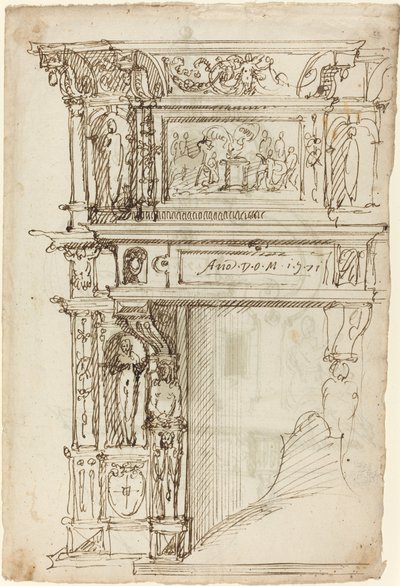 Cheminée palatiale avec une scène de sacrifice ancien [recto] - German or Austrian 16th Century