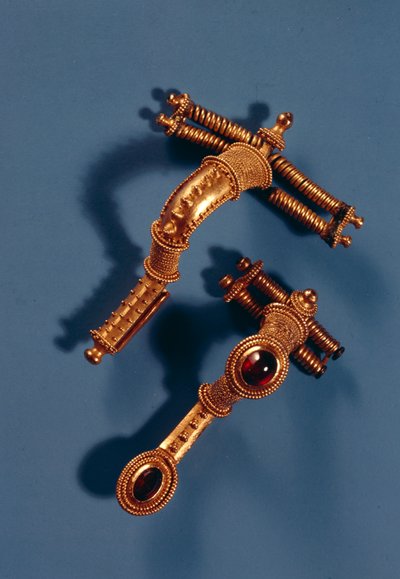 Deux broches courbes, de Hassleben, Thuringe (or et pierres précieuses) - Germanic