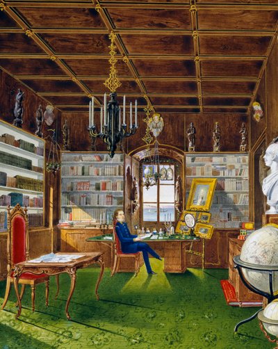 La bibliothèque de la Villa Lazarovich, résidence de Trieste de Maximilien de Habsbourg (1832-1867), tempera de Germano Prosdocimi - Germano Prosdocimi