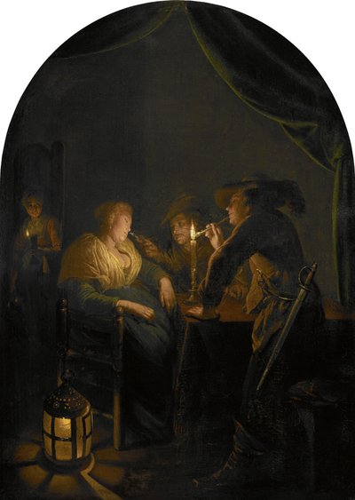 Une femme endormie est taquinée par deux soldats - Gerrit Dou