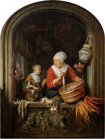 Femme vendant des harengs et fille dans une vitrine - Gerrit Dou