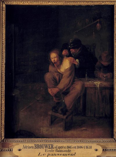 Opération (ou pansement) Un chirurgien soignant un patient. Peinture par Gerrit Lundens (1622-1683) d