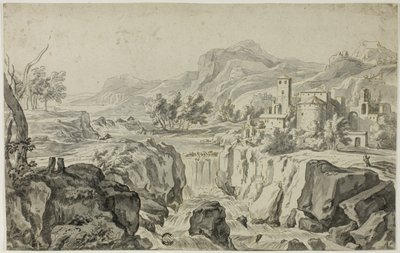 Paysage italianisant avec cascade et bâtiments - Gerrit Rademaker