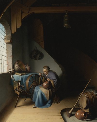 Une vieille femme à son rouet, mangeant de la bouillie par Gerard Dou - Gerrit Dou