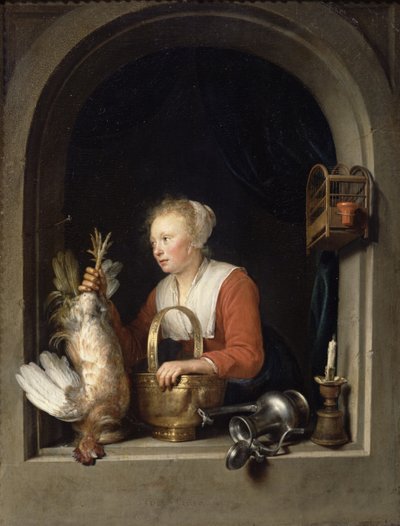 La ménagère hollandaise ou La femme suspendant un coq à la fenêtre, 1650 - Gerrit Dou