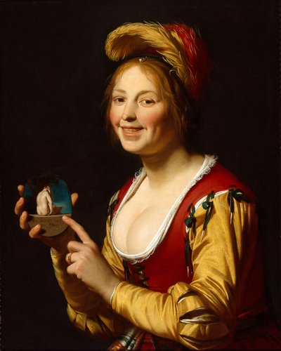 Fille souriante, courtisane, tenant une image obscène - Gerrit van Honthorst