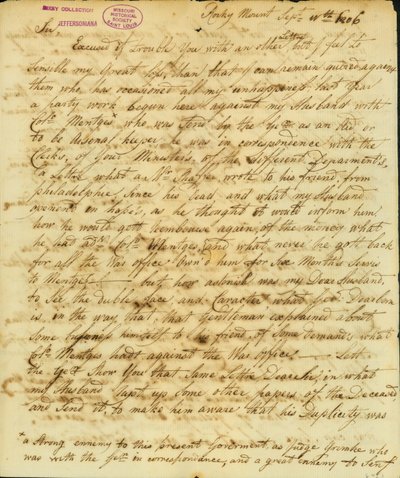 Lettre signée Gertrude Joan Senf, Rocky Mount, à Thomas Jefferson, 11 septembre 1806 - Gertrude Joan Senf