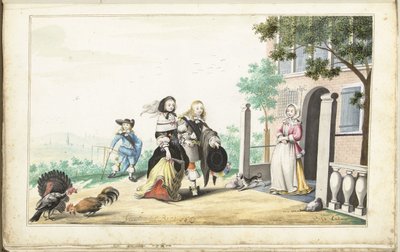 Couple saluant une dame à la porte d