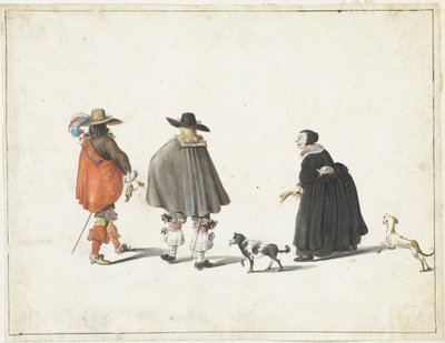 Femme en noir, accompagnée de deux petits chiens, parlant avec deux hommes - Gesina ter Borch