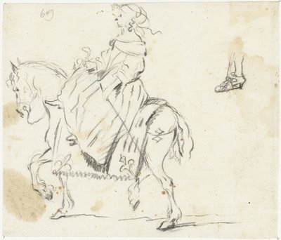 Femme à cheval, vue de côté, avec croquis d