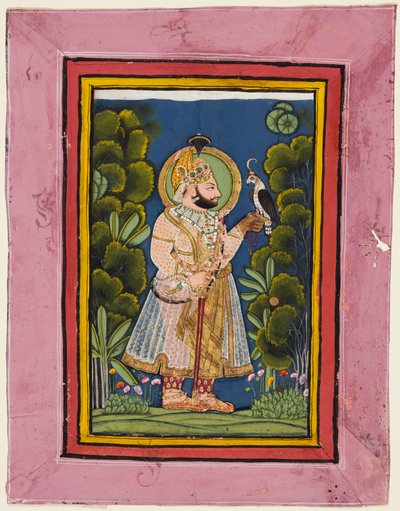 Maharana Jawan Singh tenant un faucon dans une forêt - Ghasi