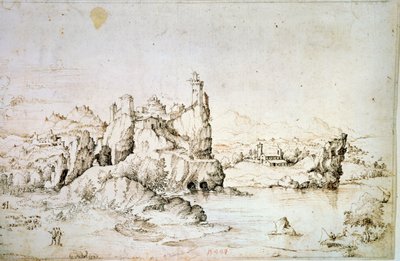 Un château sur un rocher dans un paysage montagneux, 1540 - Gherado Cibo