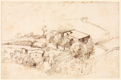 Ferme avec des arbres dans un paysage vallonné, verso, 1567 - Gherardo Cibo
