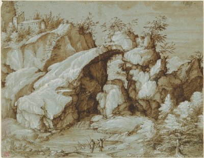 Paysage rocheux avec une arche naturelle - Gherardo Cibo
