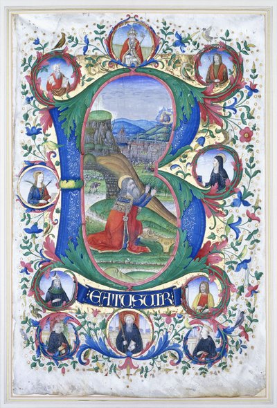Le roi David en prière dans une très grande initiale "B", entouré de dix grands médaillons contenant chacun le portrait d