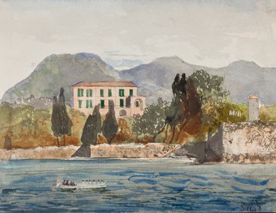 Barge à rames avec le drapeau Borbone approchant une grande maison sur la côte napolitaine, avec des ajouts du Prince Gaetano Maria Federico di Borbone (1846-1871) - Giacinto Gigante