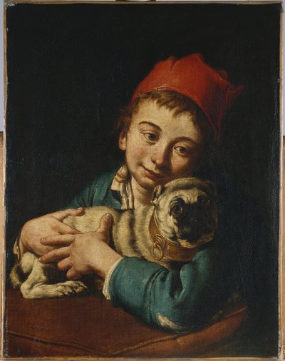 Un garçon, mi-longueur, en veste bleue et chapeau rouge, tenant un carlin sur un coussin - Giacomo Ceruti