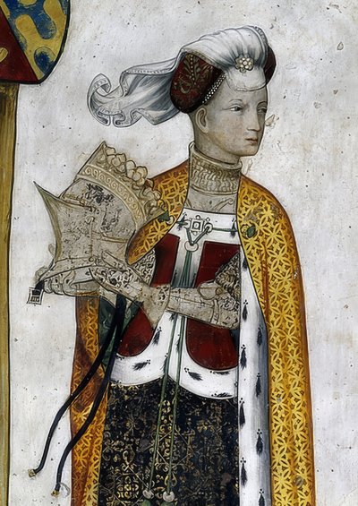 Représentation des marquis de Saluces et de leurs épouses en tant que héros et héroïnes historiques et mythologiques. (détail) : Riccarda di Sicilia, épouse de Tommaso II, en tant que reine amazone Lampeto. 1418-30 - Giacomo Jaquerio
