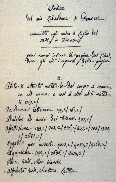 Incipit du manuscrit du Zibaldone (ou "Pensieri") par Giacomo Leopardi (1798-1837). 1817-1832 - Giacomo Leopardi
