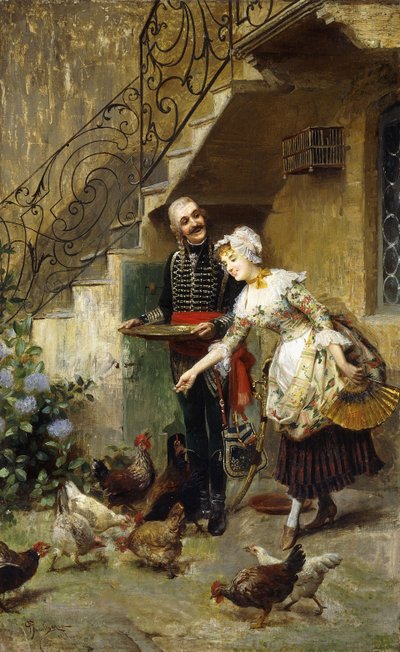 Un couple élégant nourrissant des poules dans une cour - Giacomo Mantegazza