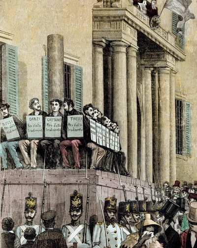 Risorgimento : membres du mouvement Giovine Italia (dont Carlo Cattaneo (1801-1869), Tinelli, Danzi, Bussi) assis devant le Palais de Justice à Milan, écoutant la sentence les condamnant à l