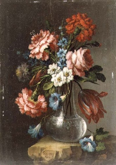 Roses, tulipes, convolvulus et autres fleurs dans un vase en verre - Giacomo Nani