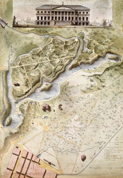 Peterhof, Russie : Élévation du palais anglais et plan du parc - Giacomo Quarenghi