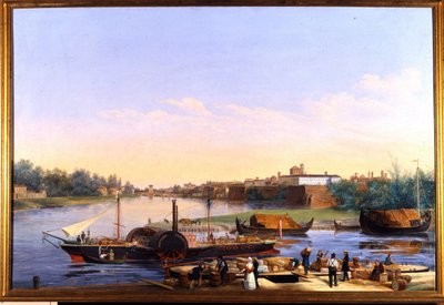 Vue du port de Pavie sur le Pô et le bateau à vapeur Principessa Clementina - Giacomo Trecourt