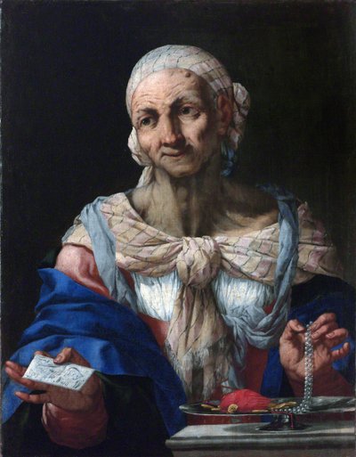 Vieille femme avec un collier de perles et une lettre (vanité) - Giambattista Langetti