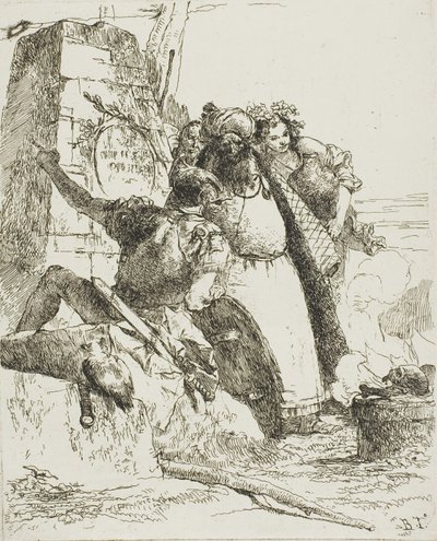 Un magicien, un soldat et trois figures regardant un crâne en feu, de Scherzi - Giambattista Tiepolo