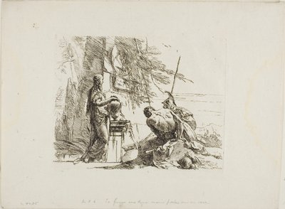 Une femme avec ses mains sur un vase, soldat et esclave, des Capricci - Giambattista Tiepolo