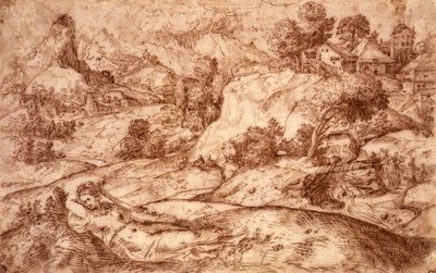 No.0955 Paysage montagneux avec une figure féminine allongée - Gian Battista (attr. to) Angolo del Moro
