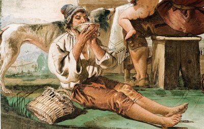 (détail) Famille de paysans à table, de la salle des scènes rustiques, dans la Foresteria, 1757 - Giovanni Domenico Tiepolo
