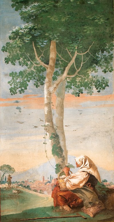 La Vieille paysanne assise sous un arbre avec un panier d