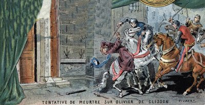 Tentative de Meurtre sur Olivier V de Clisson (1336-1407) connétable français. Illustration de Gilbert, fin du 19ème siècle. - Gilbert