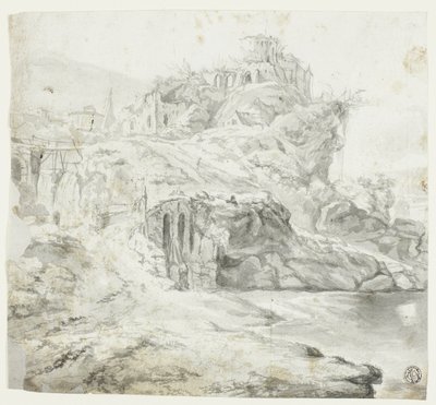 Promontoire rocheux avec ruines et cascades (recto) ; Esquisse d