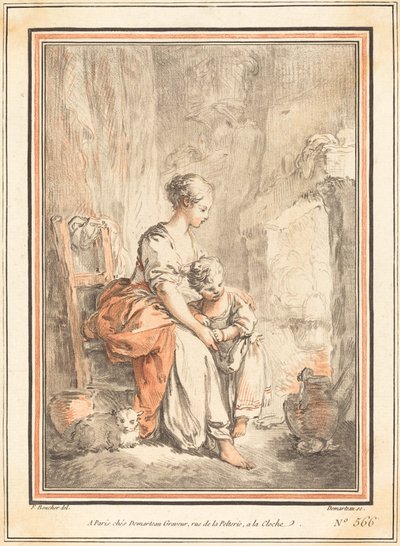 Femme et enfant devant une cheminée - Gilles Antoine Demarteau after François Boucher
