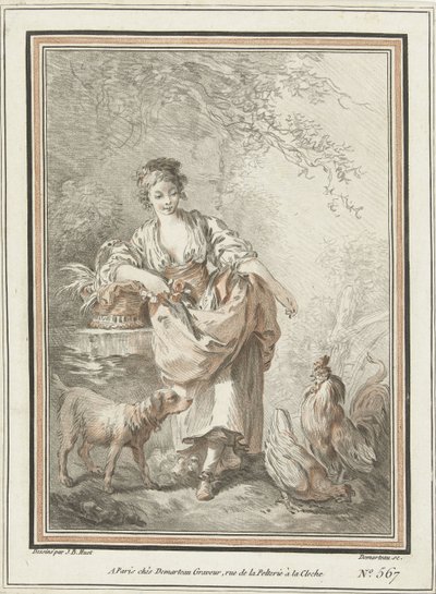 Jeune femme avec chien, coq et poule - Gilles Demarteau