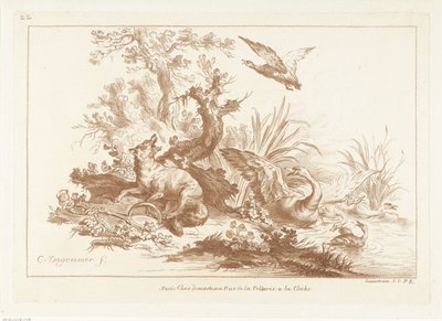 Renard avec patte dans un piège et cygne et canards s