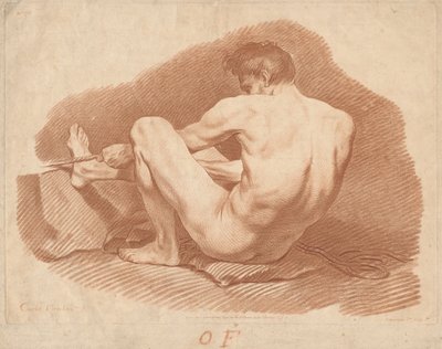 Homme nu assis, vu de dos, tirant une corde - Gilles Demarteau, the Elder after Carle Van Loo