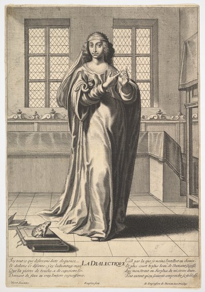 Dialectique : une jeune femme debout dans un intérieur décoré et touchant son index droit..., 1633-35 - Gilles Rousselet
