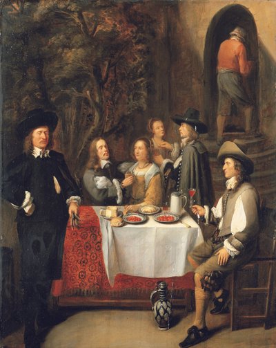 Compagnie élégante à une table sur une terrasse - Gillis Van Tilborch