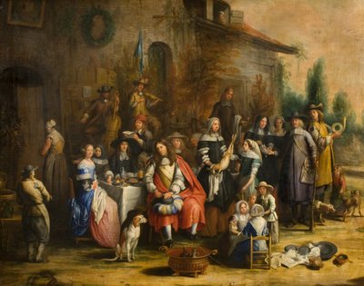 Partie de chasse devant une auberge - Gillis van (follower of) Tilborgh