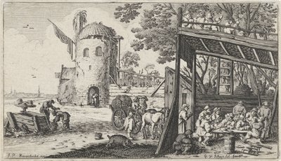 Boeren rond een tafel in een schuur (de Smaak) (Landschappen met de vijf zintuigen) - Gillis van Scheyndel (I)