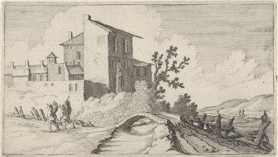 Pont devant des bâtiments entourés de murs - Gillis van Scheyndel (I)