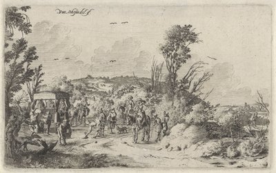 Rijtuig en ruiters op een landweg Reuk (Landschappen met de vijf zintuigen) - Gillis van Scheyndel (I)