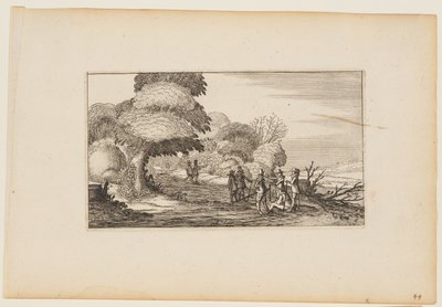 Hommes avec mousquets sur un chemin menant à travers bois, d