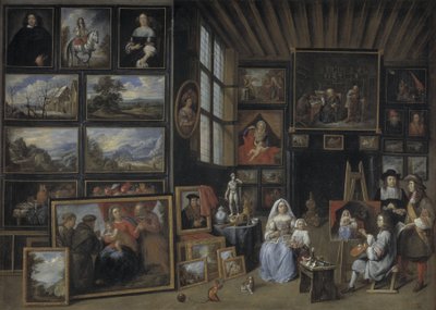 Une galerie de tableaux avec un artiste peignant une femme et une fille. Allégorie de l