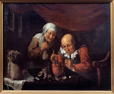 Le couple avare de vieillards pesant leurs possessions - Gillis van Tilborgh